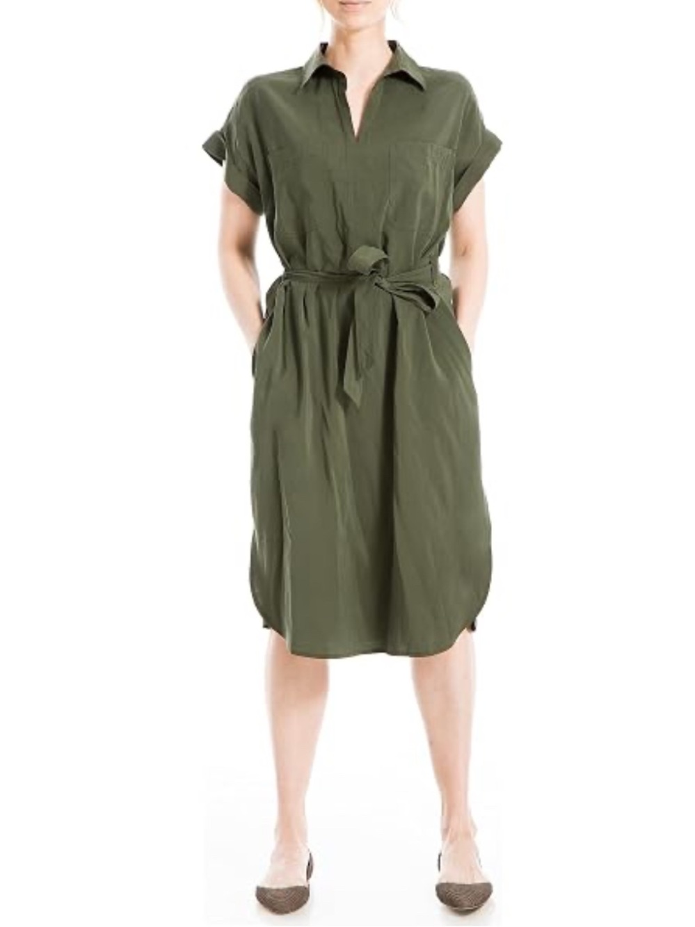 Max Studio London Utility Short Sleeve Olive Dress Size L NWT